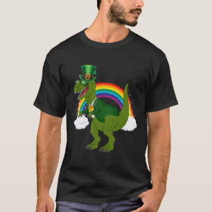 Camiseta T-rex Dinossauro Leprechaun Arco-íris Dia de São P