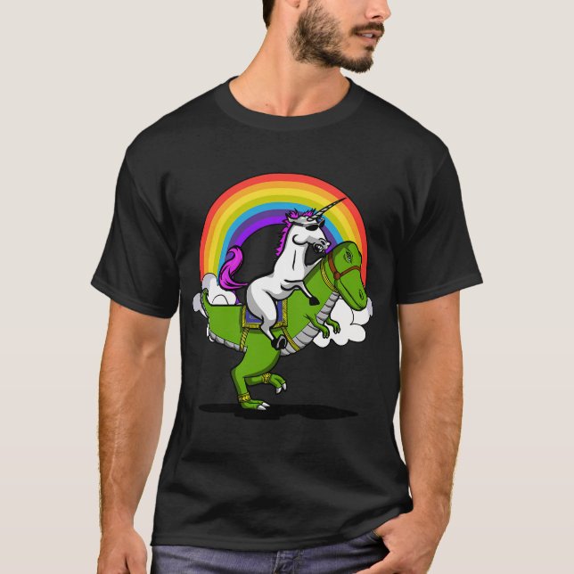 Camiseta T-Rex Dinossauro Montando Unicórnio (Frente)