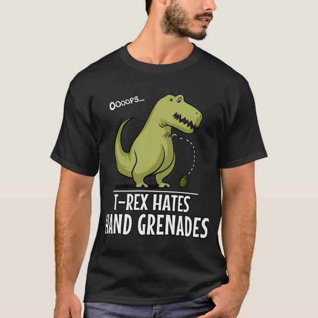 Camiseta T-Rex Dinossauro Odeia Granadas de Mão (Frente)