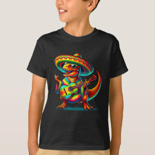 Camiseta T-rex dinossauro tocando violão cinco de mayo mexi