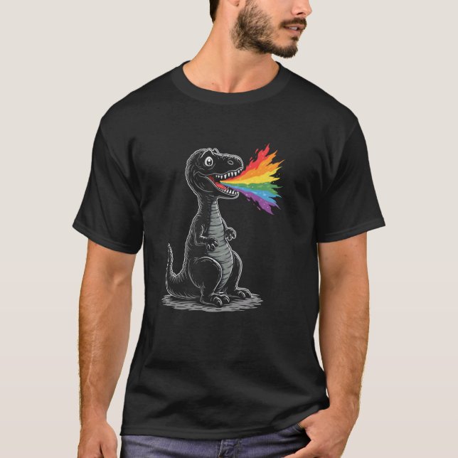 Camiseta T Rex Feliz com Laser de Arco-íris Alegre (Frente)