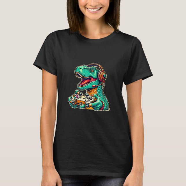 Camiseta T-rex Jogando Com Headset Dinossauro Engraçado Grá (Frente)