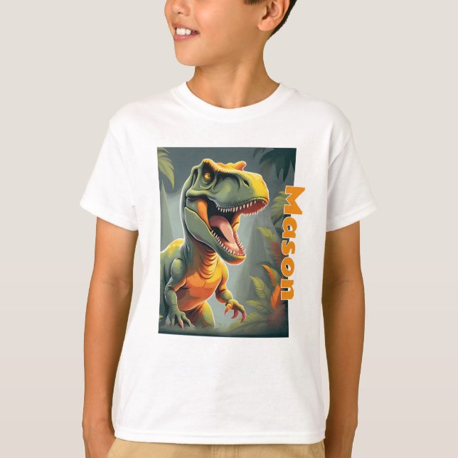 Camiseta T-Rex Jurassic Dinossaur Cinza e Laranja (Frente)