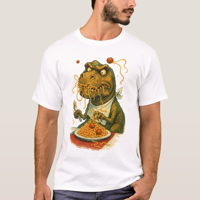 Camiseta T-Rex Lutando para Comer Espaguete (Frente)