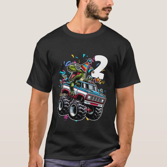 Camiseta T Rex Monster Truck segundo aniversário 2 anos Din (Frente)
