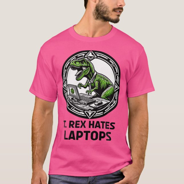 Camiseta T Rex Odeia Computadores Laptop (Frente)