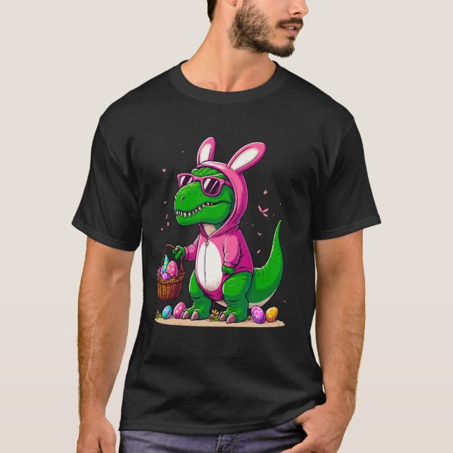 Camiseta T-rex Orelhas de Coelho Caça de Ovos Páscoa Dinoss (Frente)