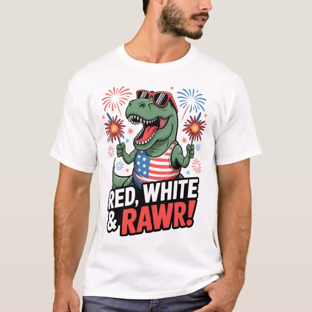 Camiseta T-Rex Patriótico Bonito 4 de julho Vermelho Branco (Frente)