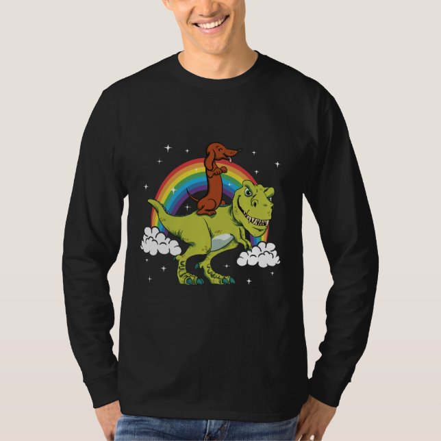 Camiseta T Rex Riding Dachshund Dog  Amp Present (Frente)