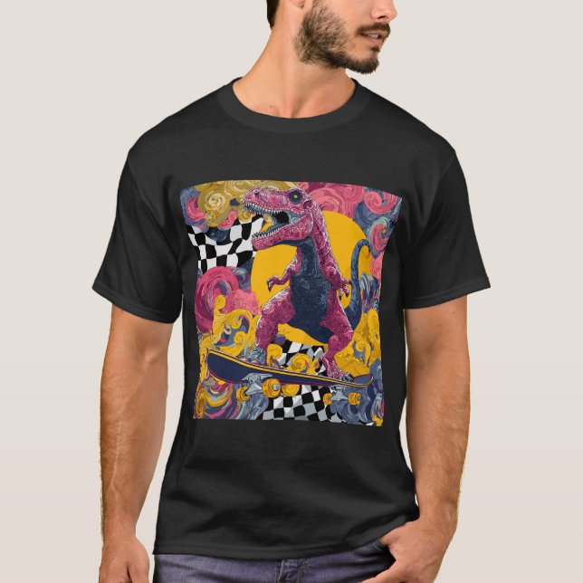 Camiseta T-Rex Rosa Ornamentado Andando de Skate (Frente)