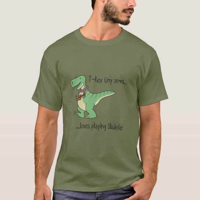 Camiseta T-Rex tiny arms loves playing ukulele (Frente)