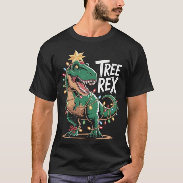 Camiseta T-Rex Xmas Shirt – Dinosaurier mit Lichterkette (Frente)