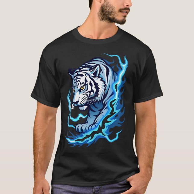 Camiseta "T-Shirt branca com Tiger e Design Azul" (Frente)