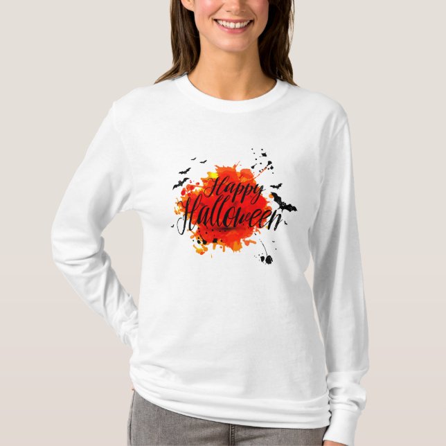 Camiseta T - shirt Mulher Branco Mangas Longas Halloween (Frente)