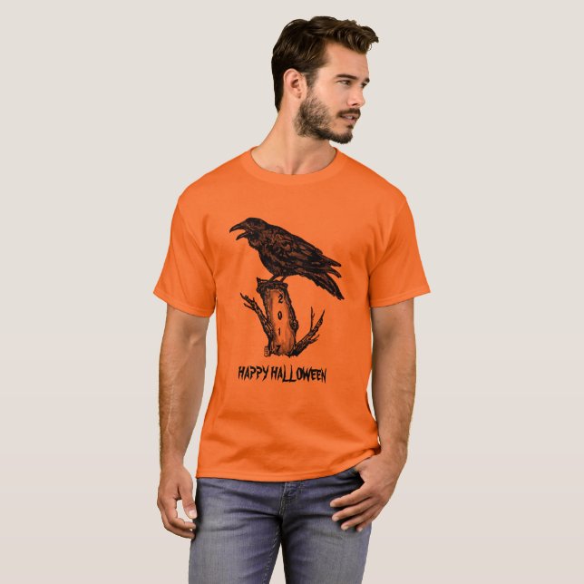 Camiseta T-Shirt-Orange-Halloween Raven, de uso masculino (Frente Completa)