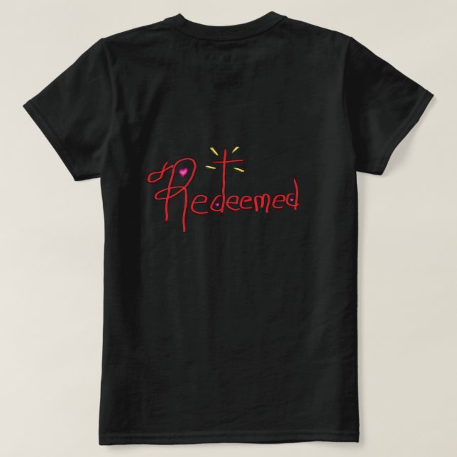 Camiseta T Shirt ‘Redeemed’ Hand Drawn Text Cross Hearts (Verso do Design)