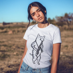 CAMISETA T-SHIRT-SHIRT-SHIRT DO SAXOPHONE DO JAZZ CAT