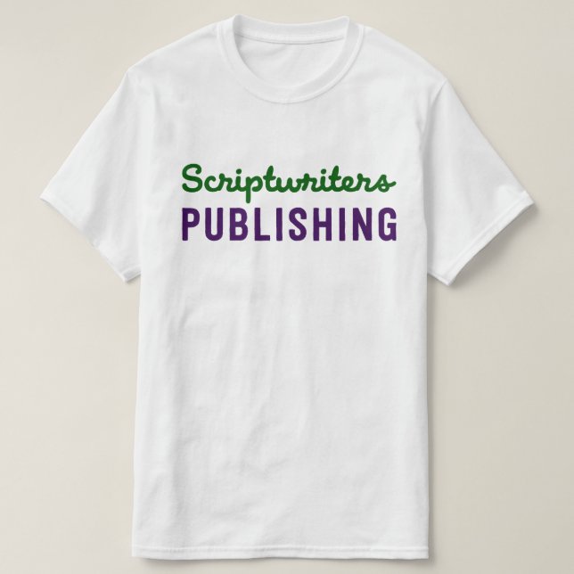 Camiseta T verde/roxo da publicação dos Scriptwriters (Frente do Design)