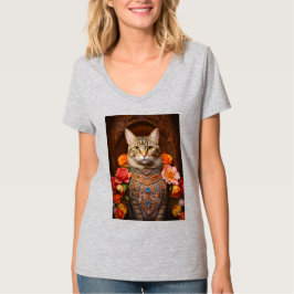 Camiseta Tabby castanho com Flores e Estilo Vitoriano