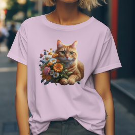 Camiseta Tabby Cat Charm: Sussurrantes e Flores Selvagens