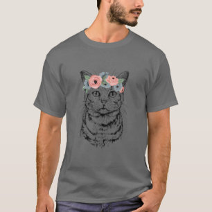 Camiseta Tabby Cat com Fone Floral e Cat Mãe