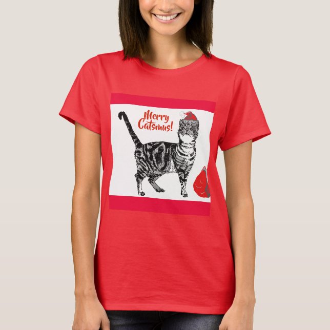 Camiseta Tabby Cat Feliz Natal Catsmus Red Funny Cats T (Frente)