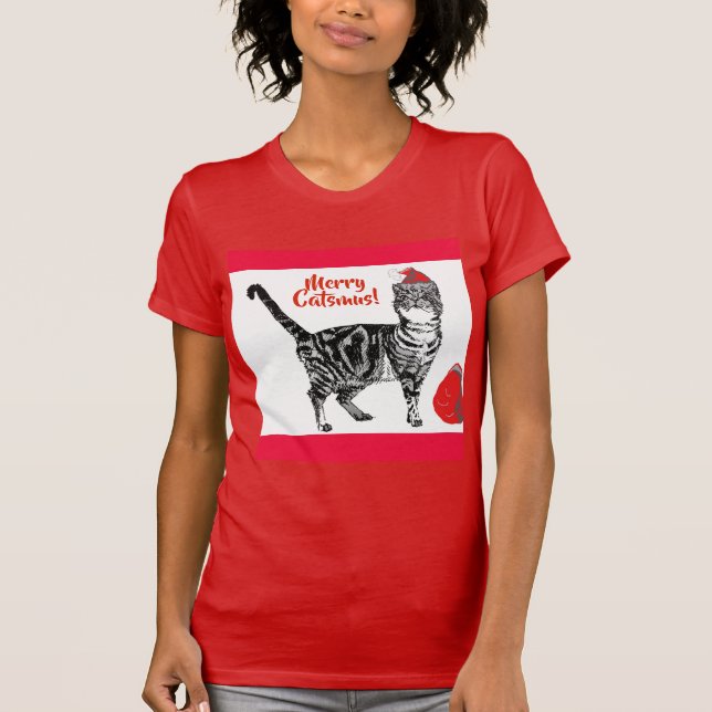Camiseta Tabby Cat Feliz Natal Catsmus Red Funny Cats T (Frente)