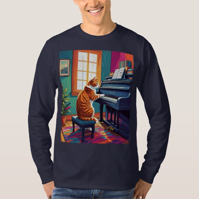 Camiseta Tabby Cat Tocando o Piano (Frente)