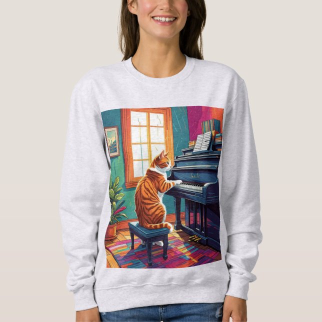 Camiseta Tabby Cat Tocando o Piano (Frente)