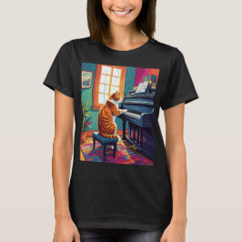 Camiseta Tabby Cat Tocando o Piano