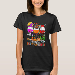 Camiseta Taças de Vinho Feliz Hallothanksmas Bruxa Chapéu d
