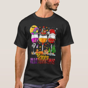 Camiseta Taças de Vinho Feliz Hallothanksmas Bruxa Papai No