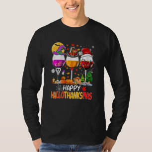 Camiseta Taças de Vinho Feliz Hallothanksmas Bruxas Chapéu