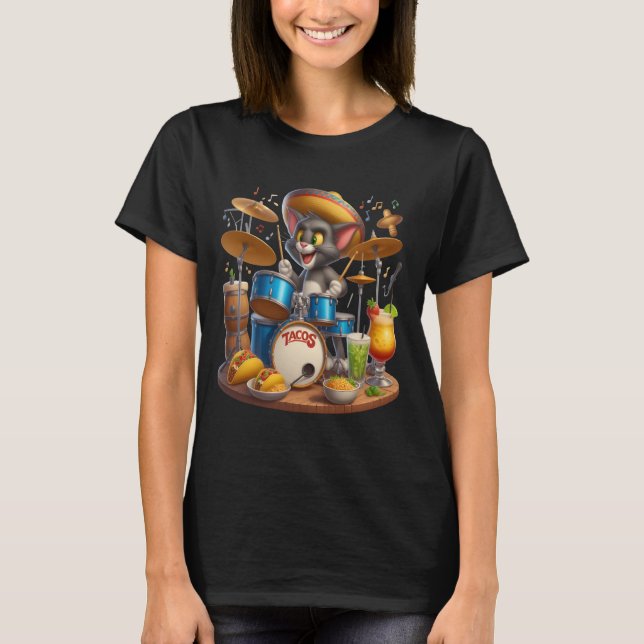 Camiseta Taco Tunes: Drummer Gato (Frente)