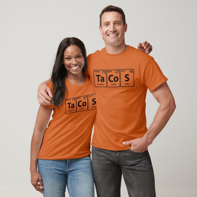 Camiseta Tacos (Ta-Co-S) Ortografia de Elementos Periódicos (Unissex)