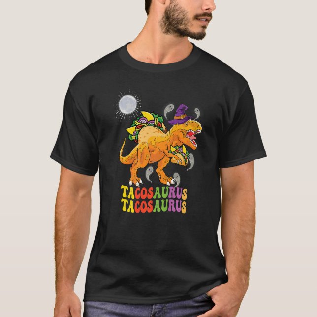 Camiseta Tacossauro cor Groovy veste bruxa que fantasmas e (Frente)