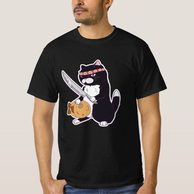 Camiseta Taiyaki Samurai Cat com Peixe, Sushi Cat (Frente)