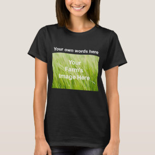 Camiseta tamanho adulto, preto, imagem de fazenda e texto T