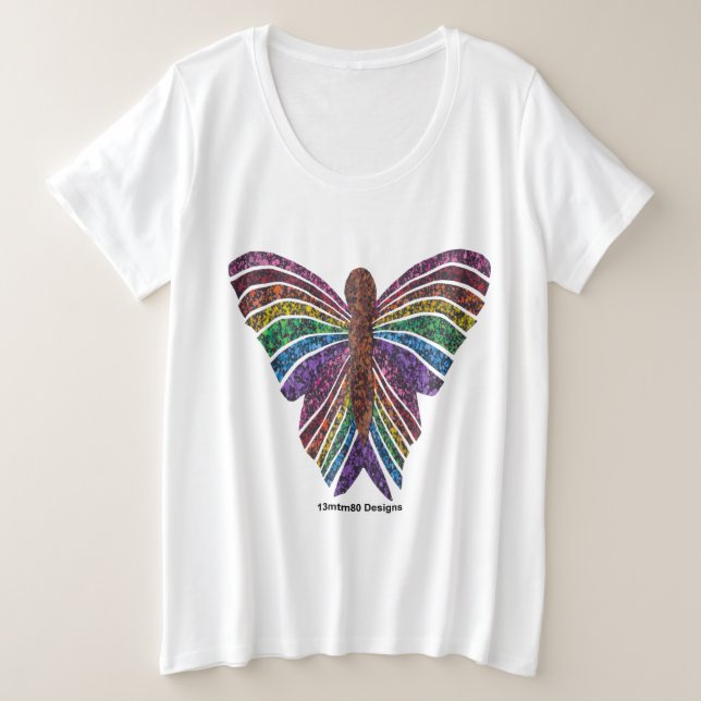Camiseta Tamanho Plus Borboleta Arco-Íris (branca) (Frente do Design)