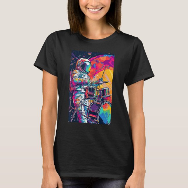 Camiseta Tambor Tocando Astronauta Drummer Espaço do Rapaz  (Frente)