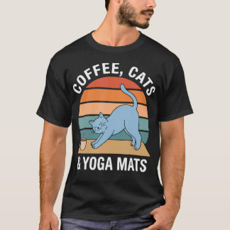 Camiseta Tapetes de Ioga Gatos Café Retro Meditação