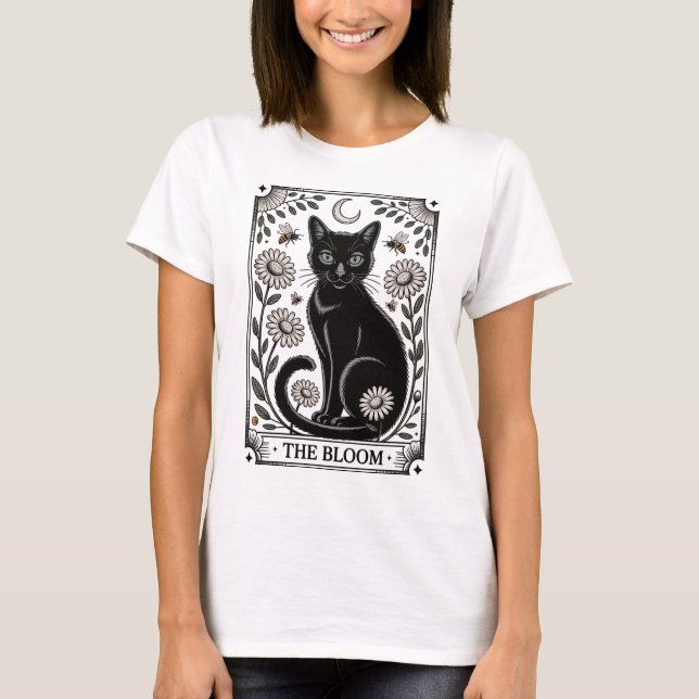 Camiseta Tarot Karte - Schwarze Katze mit Blumen (Frente)