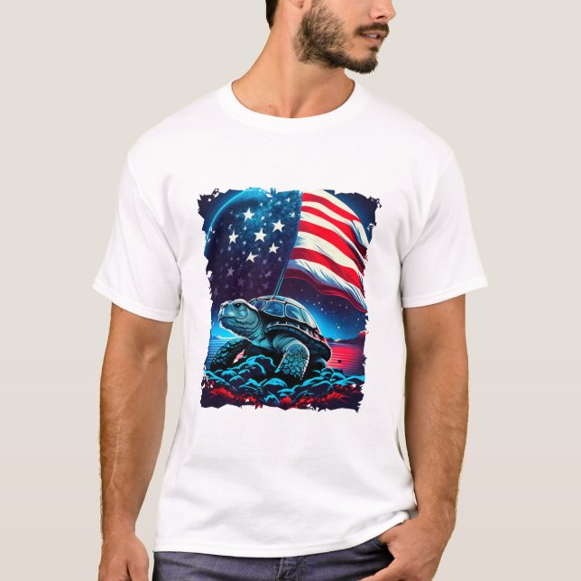 Camiseta Tartaruga americana sob a Lua com a bandeira ameri (Frente)