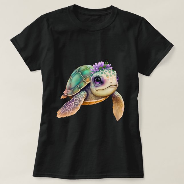 Camiseta Tartaruga De Cartoon Colorida Com Coroa Floral (Frente do Design)