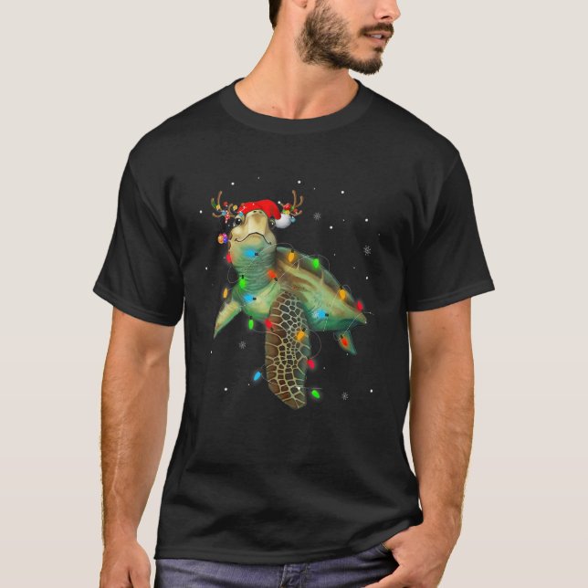 Camiseta Tartaruga do Mar Luzes de Natal Engraçadas Feliz S (Frente)