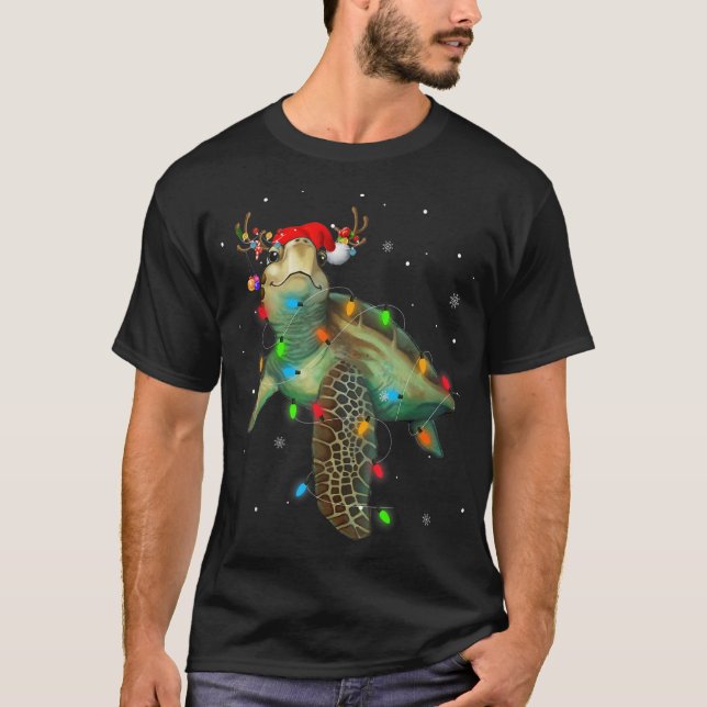 Camiseta Tartaruga do Mar Luzes de Natal Engraçadas Feliz S (Frente)