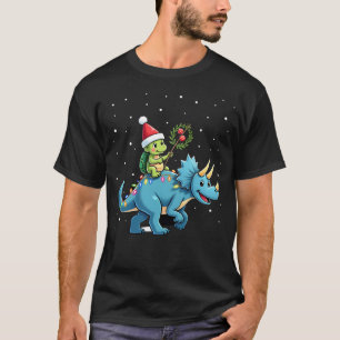 Camiseta Tartaruga do Papai Noel Montando Rena T-Rex Luz de