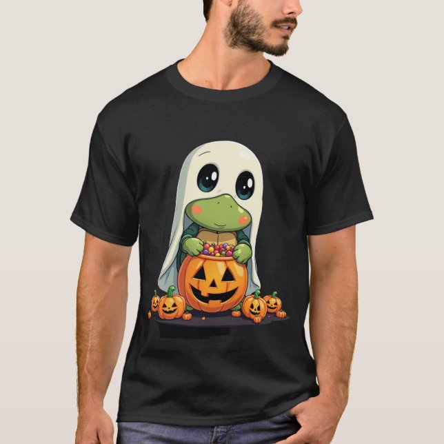 Camiseta Tartaruga Fantasma de Halloween Fofa com Doce (5) (Frente)