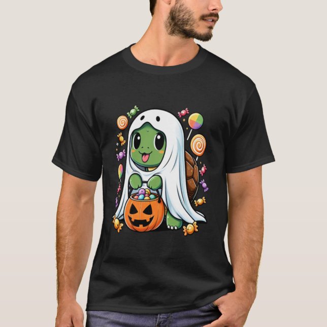 Camiseta Tartaruga Fantasma Fofa com Doces Halloween Divert (Frente)
