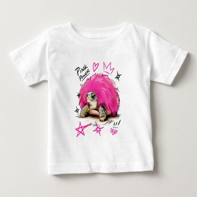 Camiseta Tartaruga Fofa Pink Power com Concha de Pelo Punk (Frente)